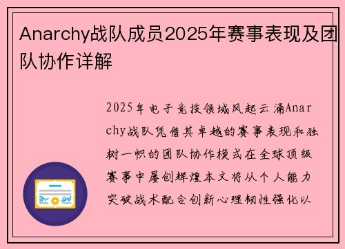 Anarchy战队成员2025年赛事表现及团队协作详解